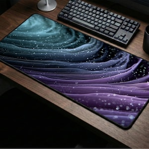 May include: A rectangular desk mouse pad with a swirling design in shades of teal, blue, and purple, with white speckles. A black keyboard, mouse, and mug are on a wooden desk.