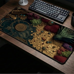 May include: A rectangular desk mousepad with a detailed fantasy design. The pad features a teal and gold background with a dragon, coins, and other decorative elements. A black keyboard, mouse, and mug are also visible.