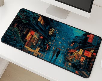 Japansk gatuskrivbordsmatta: Stor estetisk musmatta med nattstadsdesign, anime-spelskrivbordsmatta, cyberpunk-kontorsdekorationspresent