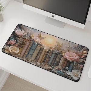 Enchanted Library Desk Mat | Podkładka pod mysz Vintage Books, Podkładka na biurko w stylu kwiatowym, Wystrój biura Cottagecore, Prezent dla czytelnika