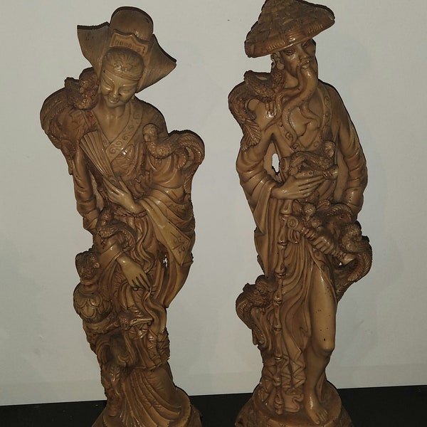 Lot De 2 Statut En Resine Couple Asiatique Vintage