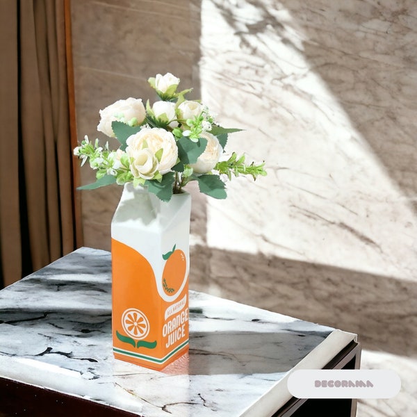 Handmade Ceramic Orange Juice Vase | Ceramic Carton Vase | Unique Flower Vases | Retro Funky Decor | Colorful Vintage Groovy Plant Pot