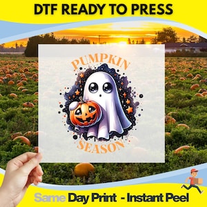Cute Ghost and Pumpkin, Halloween DTF Transfer, Spooky Season Ready Press, Full Color Heat, Custom DTF Transfers, Full Color Heat Transfer