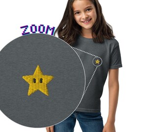 Kids Power-Up Embroidered T-Shirt | Children's Super Mario Inspired T-Shirt | 8 Bit Star Tee | Retro Pixel Art Gamer Gift