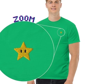 Pixel Super Star Embroidered T-Shirt | Retro Gaming Tee | Mario Inspired Shirt | 8 Bit T-Shirt | Gamer Gift for Him | Gamer Gift for Her