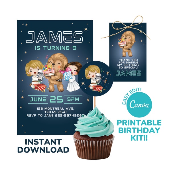 Editable Star wars Birthday kit, Printable Birthday Party Invitations and decoration. Instant Download!