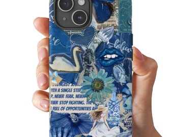 Blue Collage Phone Case Scrapbook Phone Case Aesthetic Case, iPhone 15 Pro Max, 15 Pro, 15, 15 plus, 14, 14 Pro, 14 Plus, 14 Pro Max, 13