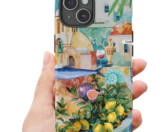 Santorini Collage Phone Case, Coastal Aesthetic iPhone 11 12 13 Mini 14 15 Pro Max Mini Tough Case, Mediterranean Summer, Blue Aesthetics