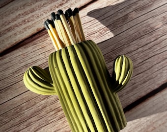 Matcha Cement Cactus Match Holder with Stricker and Match Sticks Handmade Minimalistic & Boho Sustainable