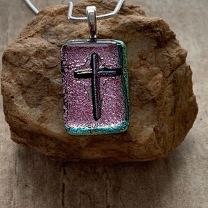 Pink Fused Dichroic Glass Cross Pendant Gift
