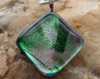 Pastel Green Square Diamond Multicolor Fused Dichroic Glass Pendant