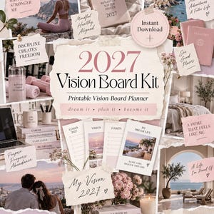 Peut inclure: Un kit de tableau de vision 2027, planificateur imprimable, composé d'un collage aux tons rose pâle et neutres. Il comprend des textes inspirants, des feuilles d'objectifs, des images de style de vie et des citations comme A Healthier Happier Stronger Me.