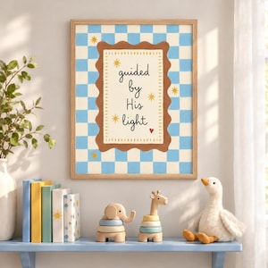 Geleid door Zijn Licht Kinderkamerdecoratie, Blauw Geblokt Christelijk Muurdecoratie, Printbare Digitale Download