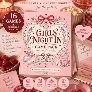 以下が含まれることがあります： ハート型の縁取り、リボン、本の山、飲み物のイラストが描かれた「Girls' Night In Game Pack」というタイトルのピンク色の印刷可能な小冊子。表紙には「16 Fun Games」、「play, laugh, overshare」、「Printable Party Games for the Girls」などのテキストが含まれています。