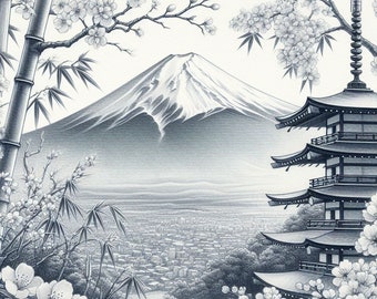 Japanese Mountain Pencil Sketch Digital Art Instant Download Art Japanese Mountain Inspired