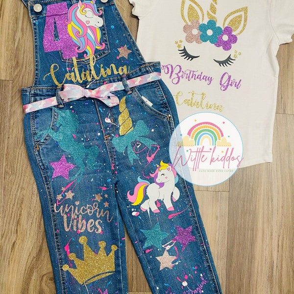 Unicorn Kid Birthday Overalls, Girl Custom Overall Birthday Outfit, Shirt and Overall Set, Unicorn Birthday Outfit, Personalized Outfit