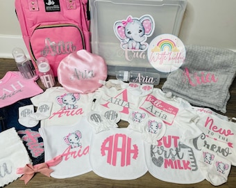 Personalized Elephant Theme Custom Baby Girl Bundle, Baby Shower Gift, Personalized Gift Set