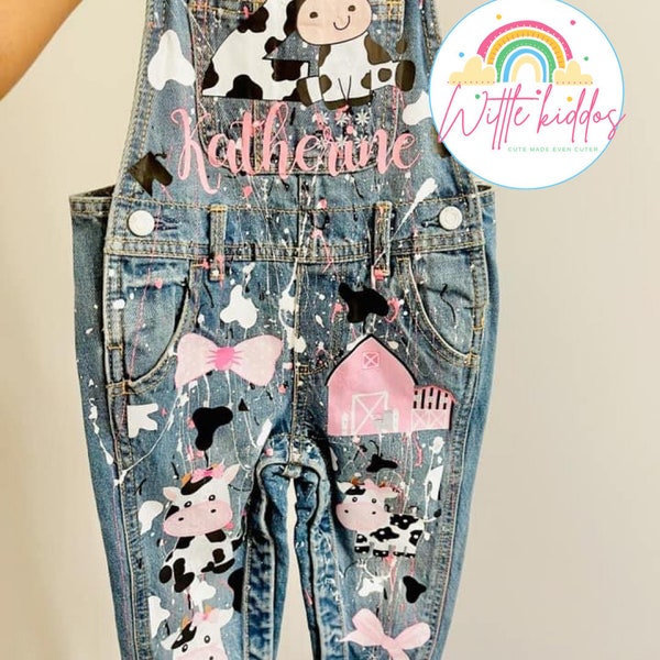 Pink Cow Custom Birthday Outfit, Farm Theme Custom Overalls, Personalized Kid Outfit