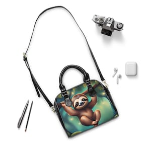 Shoulder Handbag with Baby Sloth Hanging from Tree, Sloth Lover Purse, Cute Sloth Tote Bag, Sloth Print Handbag, Sloth Gift, Animal Lover