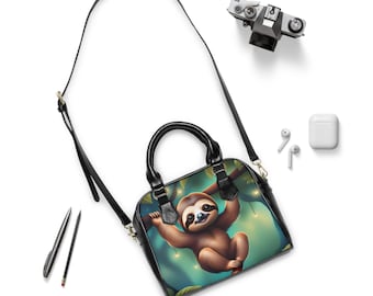 Shoulder Handbag with Baby Sloth Hanging from Tree, Sloth Lover Purse, Cute Sloth Tote Bag, Sloth Print Handbag, Sloth Gift, Animal Lover