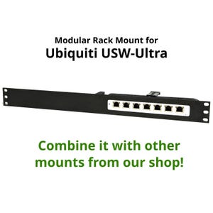 Pode incluir: Suporte de montagem em rack de metal preto para um switch de rede Ubiquiti USW-Ultra. O suporte de montagem em rack possui oito portas RJ-45 e é projetado para ser montado em um rack padrão de 19 polegadas.