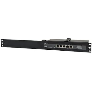 Könnte beinhalten: Schwarzer TP-Link-Netzwerk-Switch mit mehreren Anschlüssen und Rack-Montage. Der Switch verfügt über eine Reihe von Anschlüssen und Kontrollleuchten auf der Vorderseite. Das Gerät ist für die Netzwerkkonnektivität und Datenübertragung konzipiert.