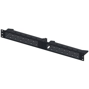 Könnte beinhalten: Ein schwarzes Rack-Montageregal mit mehreren kreisförmigen Löchern zur Montage von Geräten. Das Regal besteht aus Metall und hat eine rechteckige Form mit abgewinkelten Enden. Es ist für die Aufnahme elektronischer Komponenten konzipiert.