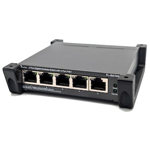 May include: A black 5-port Gigabit desktop switch with 4-port PoE+ from tp-link. The switch has a label that reads "TL-SG100".