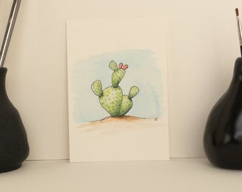 Miniature cactus watercolor nature painting wall decor