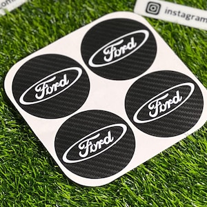 4x Ford Alloy Wheel Center Cap Decals – Black Carbon with White Logo – 9 Size Options | Badge, Emblem, Stripes.