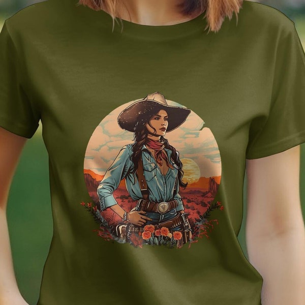 Western Cowgirl Sunset T-Shirt, Vintage Inspired Country Western Apparel, Unique Graphic Tee for Women