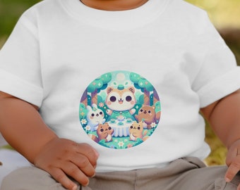 Lindos animales de dibujos animados Tea Party camiseta de jersey fino infantil, camiseta de bebé colorida, camiseta gráfica adorable para niños pequeños