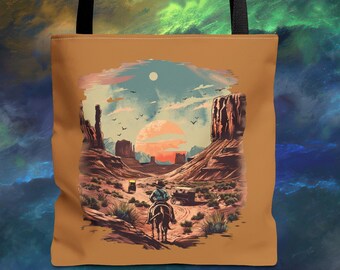 Desert Cowboy Illustration Tote Bag, Vintage Western Sunset Scenery, Horse and Rider Art, Adventure Travel Carryall