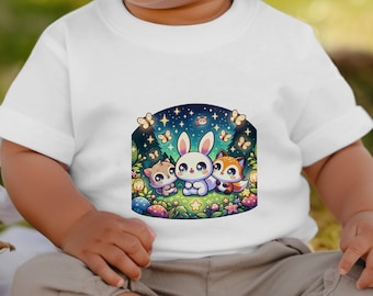 Schattige dierencartoon baby-T-shirt, Jersey met ruimtethema, Stars Bunnies Fox, Baby's kleurrijke unisex-T-shirt