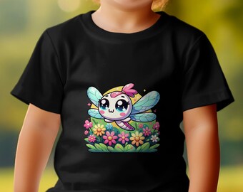 Schattige cartoon Dragonfly baby Fine Jersey Tee, baby shower cadeau, kleurrijke bloementuin, unisex babykleding, zachte stof