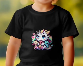 Linda camiseta de dragón infantil, colorida camiseta de bebé, adorable camisa de criatura mítica, moda unisex para niños, idea de regalo para recién nacidos