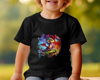 Camiseta infantil de dragón de fantasía colorida, camisa de bebé de criatura mítica linda, camiseta de jersey fino para niños unisex, top gráfico vibrante para niños pequeños