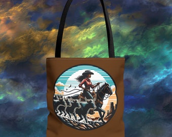 Vintage Cowgirl Rodeo Western Cowgirl Riding Horse Tote Bag, Striking Artwork Print, Circle Design