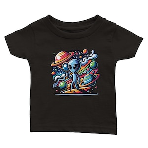 Colorful Alien and Planets Graphic Tee, Space Exploration T-Shirt, Sci-Fi Lover Gift, Astrology Enthusiast Apparel