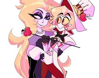 May include: A cartoon illustration of two characters, one with blonde hair and a purple dress, holding the other, who is wearing a white suit and a red and white hat, with a heart-shaped object on a stick.