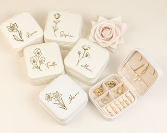 Bridesmaid Jewelry Case Gift, Birth Flower Jewelry Box, Travel Jewelry Box, Personalized Wedding Gift, Best for Her, Mom Niece Birthday Gift