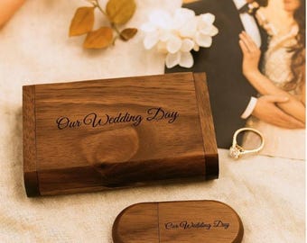Gepersonaliseerde houten USB-stick en doos: gegraveerd cadeau voor huwelijksfotografie