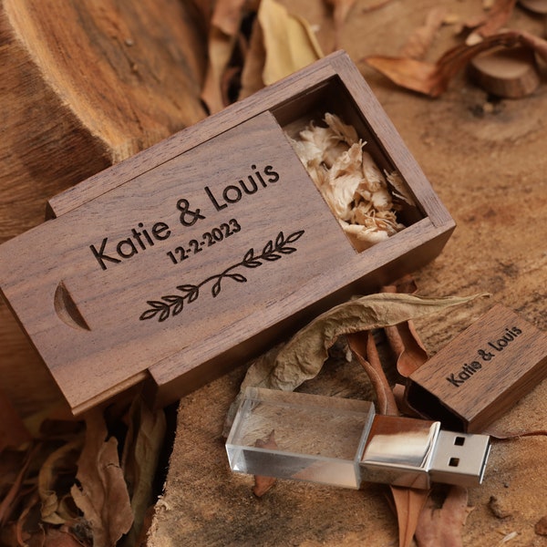 USB with Box, Engraved Wooden USB Gift for Couples, Wedding Anniversary Gift for Husband Photographers Accessories, Flash Drive Memory Stick