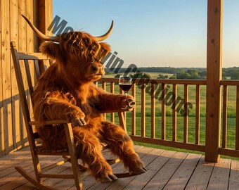 Highland Cow on the Verandah Poster Print, Highland Cow Print, Highland Cow with Wine