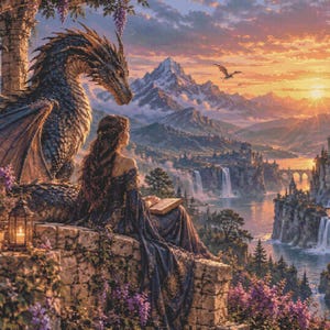May include: A fantasy illustration featuring a person with long hair sitting on a stone wall next to a large, dark-scaled dragon. They are overlooking a landscape with waterfalls, a distant castle, and mountains under a sunset sky.