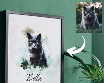 Portrait d'animal de compagnie personnalisé : peinture de chat personnalisée à partir d'une photo à l'aquarelle/style artistique à l'encre (art numérique) - un cadeau parfait pour les propriétaires de chats !