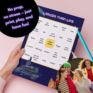 May include: A bingo card with the words "LARGER THAN LIFE" and a grid of phrases. The card is held by a person. The text "No prep, no stress - just print, play, and have fun!" is in a circle in the upper left corner.