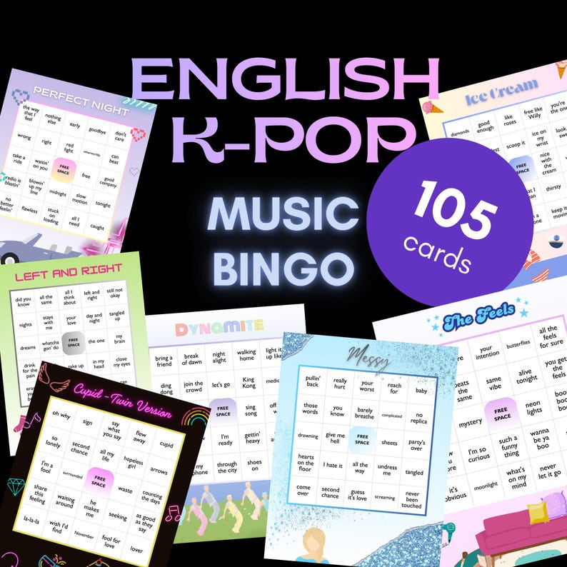 Kpop Music Bingo (english) Printable Party Game | K-pop Lyrics Bingo ...