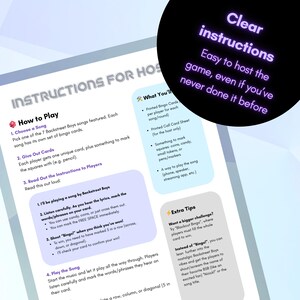 May include: Instructions for hosting a Backstreet Boys bingo game. The guide includes instructions on how to play, what you'll need, and extra tips. The text is on a white background with purple and blue accents. The game includes printed bingo cards and a call card sheet.