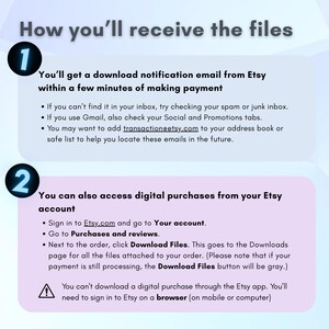 May include: A digital download guide with instructions on how to receive files from Etsy. The guide includes steps for accessing purchases from your account and troubleshooting email notifications. The text is on a gradient background.